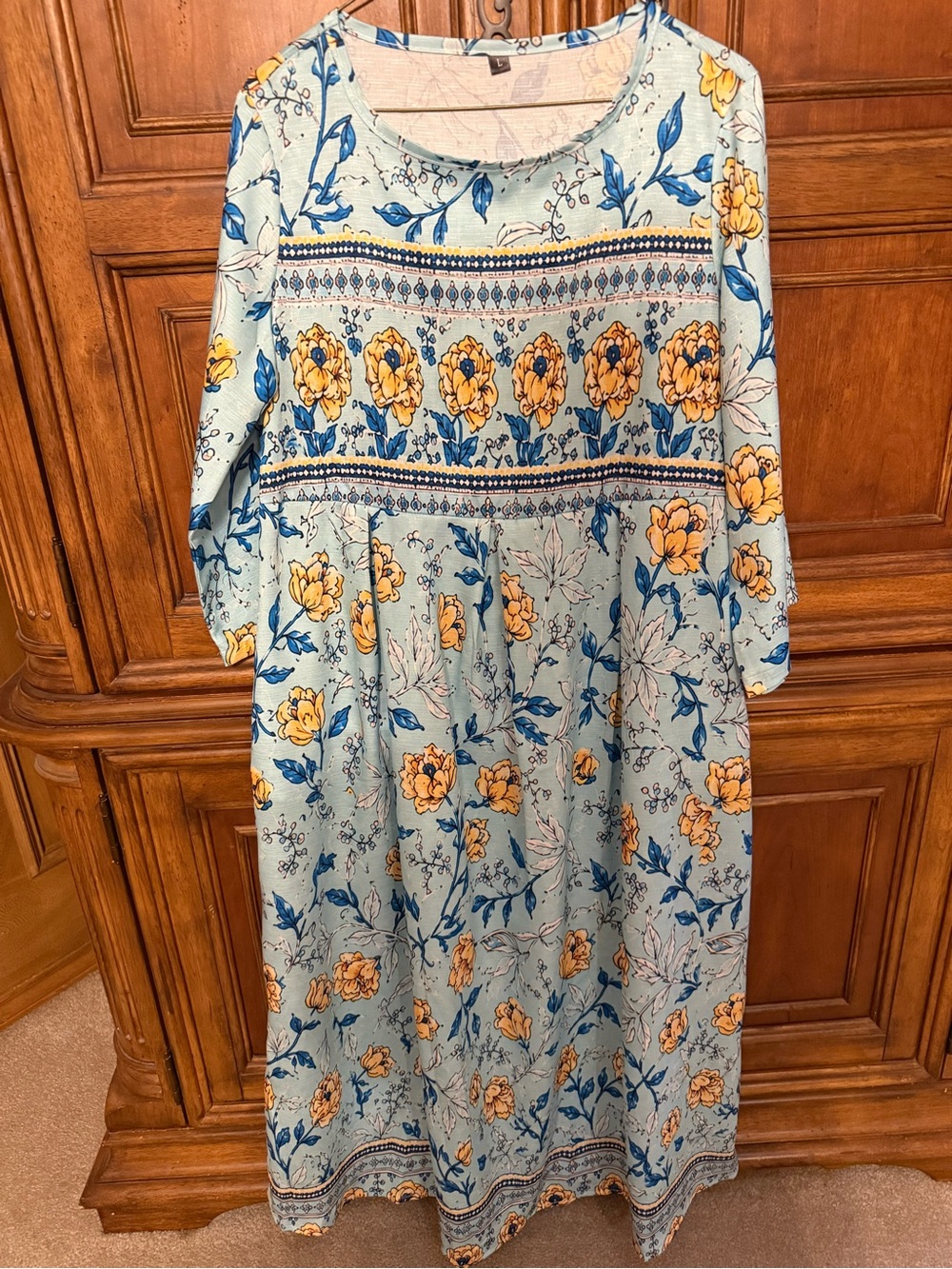 New Light Blue Floral Midi Dress with Yellow Blooms